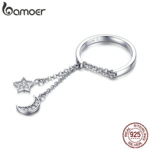 BAMOER Authentic 925 Sterling Silver Moon and Star Link Chain Adjustable Finger Rings for Women S925 2019 New Design SCR407
