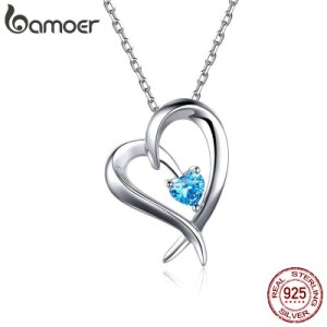 BAMOER Authentic 925 Sterling Silver Ocean Blue CZ Stone Heart Shape Pendant Necklace for Women Chain Link Jewelry Gifts SCN311