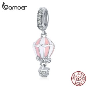 bamoer Authentic 925 Sterling Silver Pink Enamel Romantic Balloon Charm for Bracelet or Necklace Women Jewelry Makinng BSC137