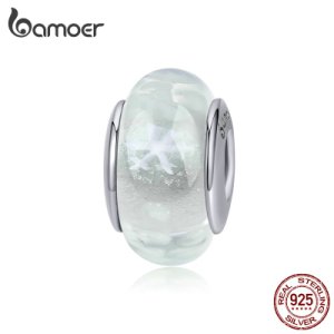 bamoer Authentic 925 Sterling Silver Snowflake White Handmade Murao Glass Beads for Women Jewelry Making Bracelet Bangle BSC194