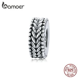 bamoer Authentic 925 Sterling Silver Wheet Clip Charms with Silicone For Women Original Silver Bracelet & Bangle SCC1452