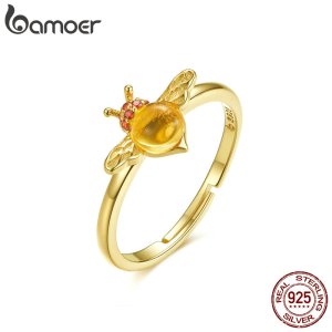 BAMOER Baby Bee Adjustable Ring for Women 925 Sterling Silver Red CZ Big Stone Finger Ring Anti-allergy Korean Jewelry BSR034