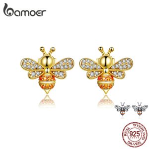 BAMOER Baby Bee Stud Earrings for Women Fashion Crystal Ear Studs 925 Sterling Silver Jewelry for Girl Anti-allergy SCE344