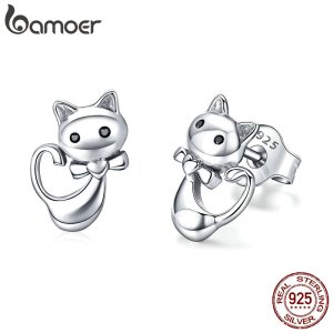 BAMOER Cat Collection 925 Sterling Silver Sticky Cat Animal Small Stud Earrings for Women Fashion Sterling Silver Jewelry SCE450
