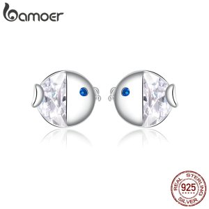 bamoer Crystal Kissing Fish Stud Earrings for Women Ear Studs Jewelry for Girls Kids Birthday 925 Sterling Silver Jewelry BSE204