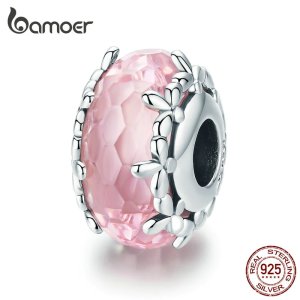 bamoer Cutting Murano Beads for Women Charm Bracelet or Bangle Genuine 925 Sterling Silver Flower Charm Fashion Jewelry SCC1282
