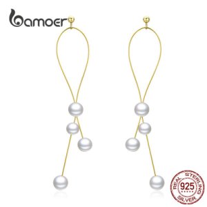 BAMOER Elegant Pearl Drop Earrings for Women 925 Sterling Silver Golden Handmade Korean Dangle Earrings Jewelry Girl Gift SCE615