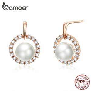 bamoer Elegant Pearl Stud Earrings for Women Rose Gold Color Pearl Wedding Statement Jewelry Bijoux New Fashion Brincos BSE298