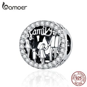 BAMOER Family of Four Round Metal Beads 925 Sterling Silver Charms fit Bangles & Bracelets Women Fashion Jewelry SCC1184