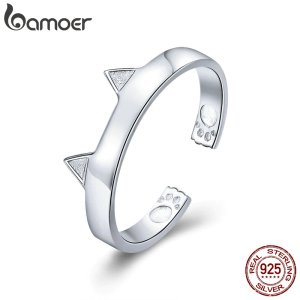 BAMOER Fashion 925 Sterling Silver Cute Cat Paw Ears Animal Shape Adjustable Finger Rings Party Wedding Jewelry Making SCR387