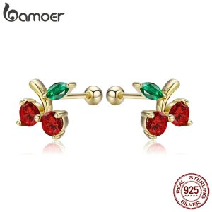 BAMOER Fashion 925 Sterling Silver Red Cherry Flower Exquisite Stud Earrings for Women Wedding Engagement Jewelry Gift SCE543