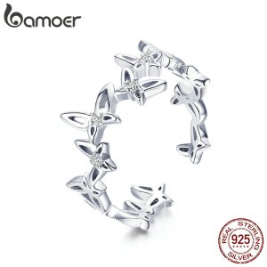 BAMOER Fashion 925 Sterling Silver Stackable Dancing Butterfly Open Size Finger Rings for Women Luxury Silver Jewelry BSR027