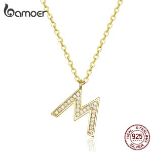 bamoer Fashion Letter M Alphabet Pendnant Necklace for Women CZ Paved Gold Color 925 Sterling Silver Punk Hipop Jewelry BSN113