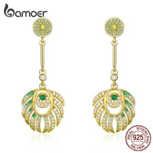 bamoer Feather of Peacock Queen Dangle Earrings for  Women 925 Sterling Silver Gold Color Wedding Statement Jewelry Gifts BSE255