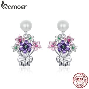 Bamoer Flower Bouquet Dangle Earrings for Women Wedding Jewelry 925 Sterling Silver White Pearl Earing Original Design BSE152