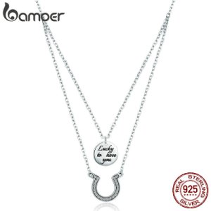 BAMOER Genuine 100% 925 Sterling Silver Double Layers Horseshoe Coin Pendant Necklaces Women Sterling Silver Jewelry Gift SCN235