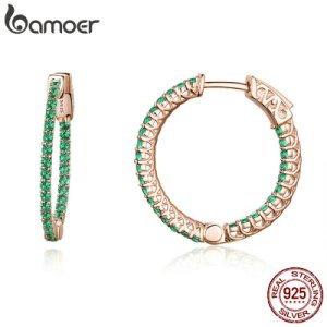 BAMOER Genuine 925 Sterling Silver Classic Round Circle Green CZ Stud Earrings for Women Wedding Engagement Jewelry SCE511
