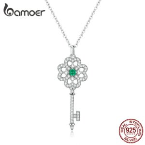 Bamoer Genuine 925 Sterling Silver Fashion Key Pendant Necklace for Women Chain Link Neckaces Fine Jewelry Bijoux BSN141
