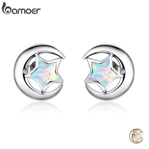 bamoer Genuine 925 Sterling Silver Moon and Star 2 Colors Opal Stud Earrings for Women Wedding Statement Jewelry Boucles SCE816