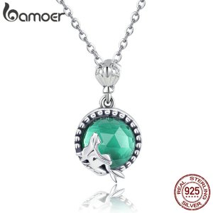 BAMOER Genuine 925 Sterling Silver Romantic Fairy Story Light Green CZ Pendant Necklaces Women Sterling Silver Jewelry SCN262