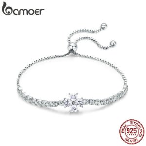BAMOER Genuine 925 Sterling Silver Shining  Clover Flower Chain Bracelets for Women Clear CZ Fashion Silver Jewelry BSB007