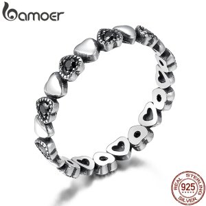 BAMOER Genuine 925 Sterling Silver Stackable Ring Heart Black CZ Finger Rings for Women Wedding Anniversary Jewelry Anel SCR140
