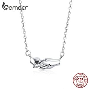 Bamoer Hand by Hand Necklace for Women 925 Sterling Silver Guard Mom Original Design Fashion Jewelry Mother's Day Gift SCN398