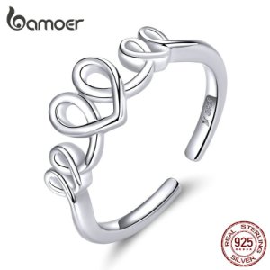 bamoer Heart Love Open Finger Rings for Women Genuine 925 Sterling Silver Adjustable Finger Rings Fine Wedding Jewelry SCR588