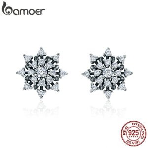 BAMOER High Quality 100% 925 Sterling Silver Romantic Snowflake Luminous CZ Stud Earrings for Women Fine Silver Jewelry SCE346