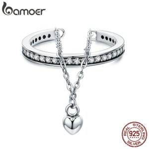 BAMOER High Quality 100% 925 Sterling Silver Stackable Clear CZ Heart Chain Double Layer Ring for Women Wedding Jewelry SCR291