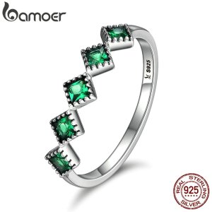 BAMOER High Quality 925 Sterling Silver Stackable Square Green CZ Finger Rings for Women Wedding Engagement Jewelry Gift SCR097
