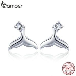 BAMOER Hot Sale 100% 925 Sterling Silver Mermaid Fishtail Small Stud Earrings for Women Sterling Silver Jewelry Gift BSE059