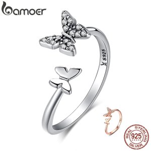 BAMOER Hot Sale 925 Sterling Silver Dazzling CZ Butterfly Open Finger Ring for Women Fashion Sterling Silver Jewelry Gift SCR087