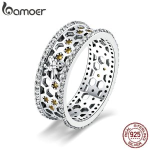 BAMOER Hot Sale 925 Sterling Silver  Queen Bee Hexagon Clear CZ Big Ring For Women Bee Fashion Jewelry S925 SCR391