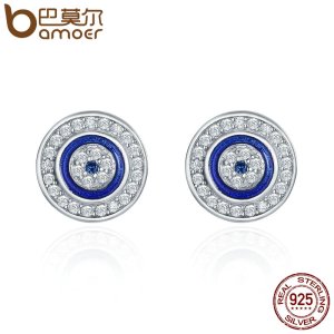 BAMOER Hot Sale Authentic 925 Sterling Silver Blue Eye Round Stud Earrings for Women Fashion Sterling Silver Jewelry SCE148