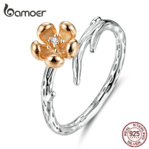 BAMOER Hot Sale Authentic 925 Sterling Silver Flower with Twisted Branch Finger Ring for Women Sterling Silver Jewelry SCR599