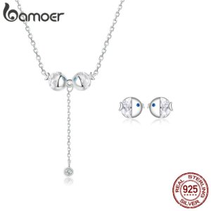 bamoer Kissing Fish Stud Earrings and Choker Necklace Jewelry Sets for Girls Clear Cubic Zirconia Women Statement Jewelry BSE204