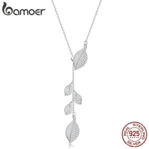bamoer Leaf Necklace Authentic 925 Sterling Silver Clear CZ Y-shape Link Necklaces for Women Wedding Statement Jewelry BSN075