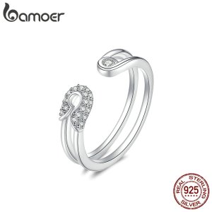 bamoer Lover's Pin Open Ring Sterling Silver 925 Funny Clip Adjustable Finger Rings Fashion Jewelry Gifts for Women BSR046