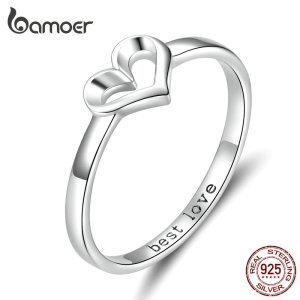 bamoer Minimalist Simple Heart Finger Ring Best Love Engraved Promise Engagement Rings for Women 925 Silver Jewelry SCR578