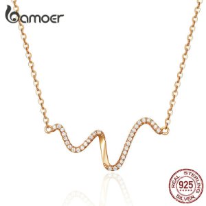 bamoer Minimalist Simple Wave Line Short Necklaces for Women Korean Fashion 925 Sterling Silver Rose Gold Color Jewelry BSN107