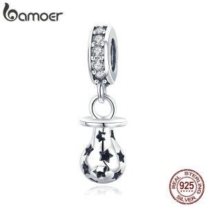 BAMOER New Arrival 925 Sterling Silver Baby Pacifier And Star Engrave Pendant Charms fit Women Bracelets DIY Jewelry SCC891