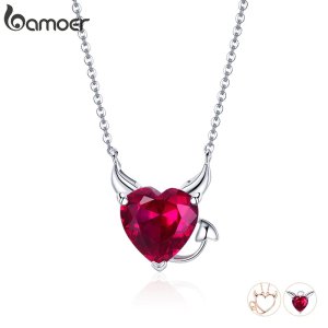 BAMOER New Collection 100% 925 Sterling Silver Devil Wings Red CZ Necklaces Pendant For Women Fashion Silver Jewelry SCN286