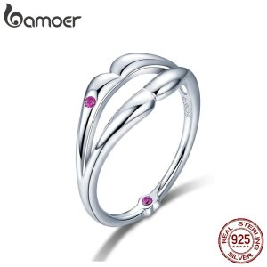 BAMOER New Collection 925 Sterling Silver Love Kiss Lips Finger Ring Red CZ Rings for Women Wedding Engagement Jewelry BSR024
