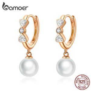 bamoer Pearl Dangle Earrings for Women 925 Sterling Silver Bowknot Wedding Elegant Fine Jewelry Brincos Bijoux 2019 BSE283