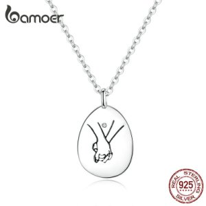 bamoer Pendant Necklace for Women Authentic 925 Sterling Silver Hand by Hand Round Chain Neckalces Collar Gifts for Her SCN363