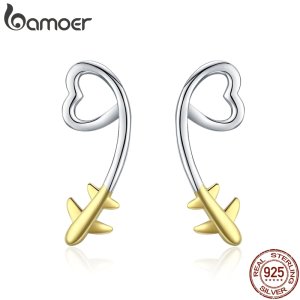 BAMOER Plane Stud Earrings 2019 Sterling Silver 925 Heart-shape Long Ear Studs Jewelry Girl Gifts Korean Earrings SCE632