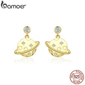 BAMOER Planet Golden Earrings for Women Clear CZ Universe Drop Earring 925 Sterling Silver Korean Style Jewelry BSE091