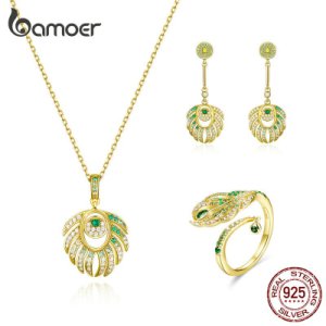 Bamoer Queen Peacock Feather Pendant Necklace and Earrings 925 Sterling Silver Luxury Party and Wedding Jewelry Sets ZHS156