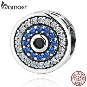 BAMOER Real 100% 925 Sterling Silver Blue Crystals Eyes Round Bead Charms Fit Women Charm Bracelets & Bangles Jewelry SCC092